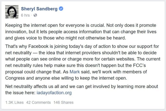 net neutrality sheryl sandberg facebook post