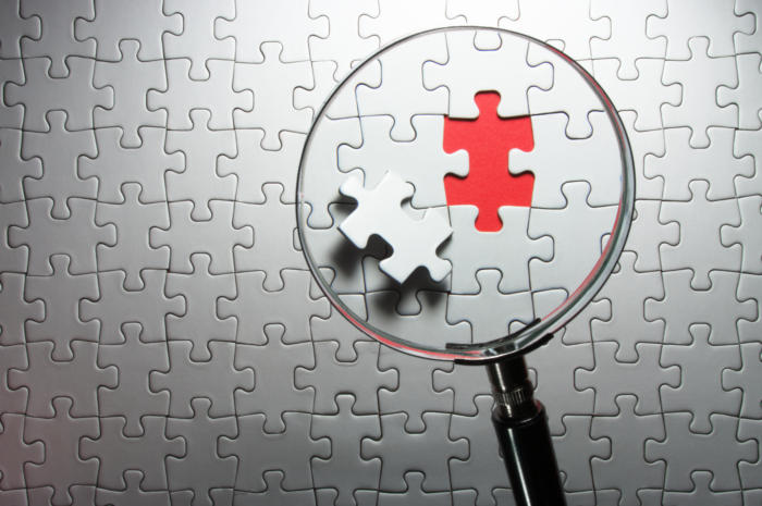 puzzle / inspect / examine / identify / missing piece / magnifying glass / solution