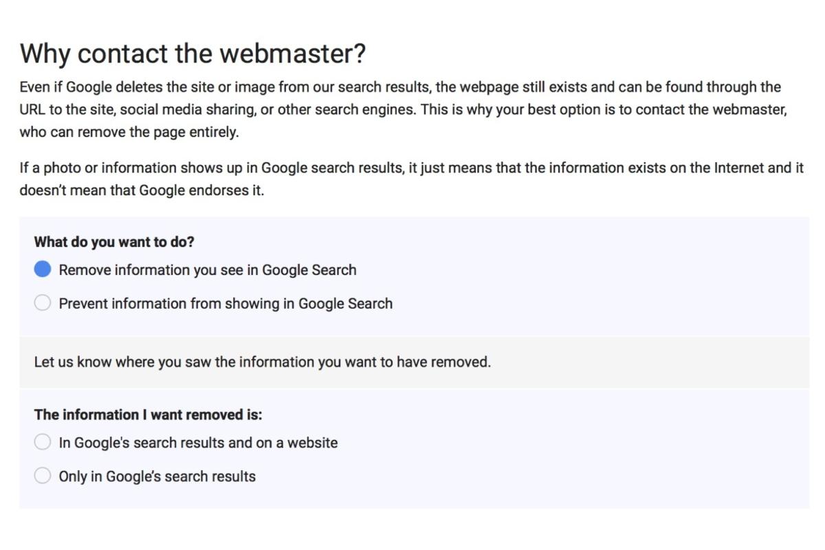 ta bort google-data kontakta webmaster