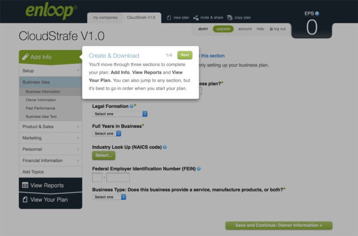 Enloop business planning software - Add Info screen