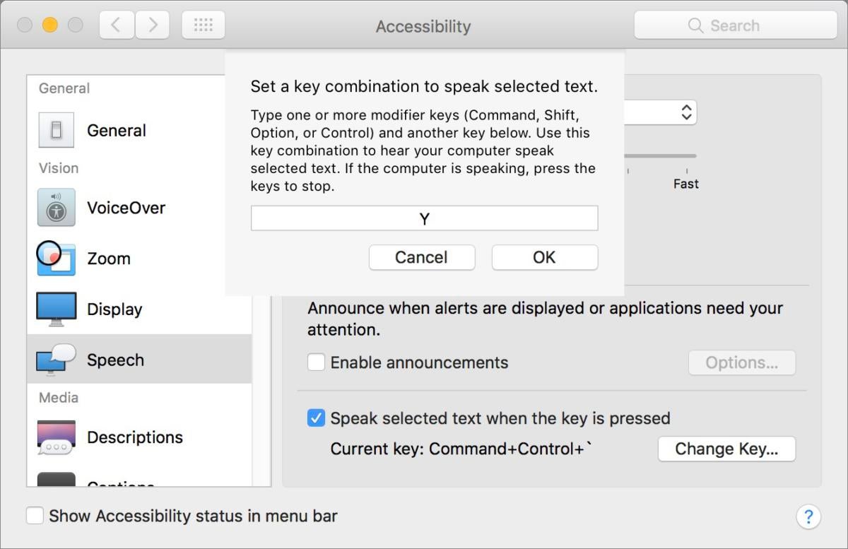 mac911 accessibility speech keystroke