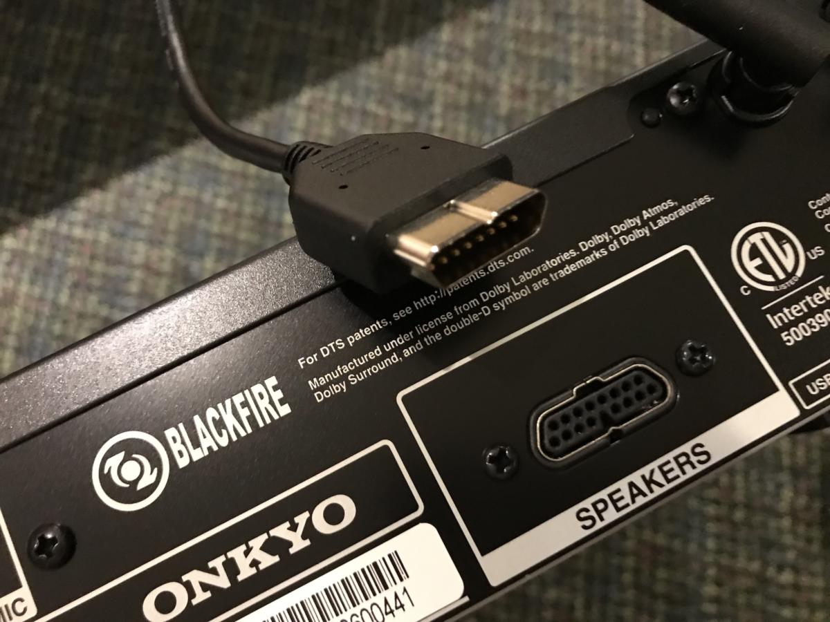 The Onkyo doesn’t use traditional speaker cables to connect the AVR to the soundbar. It uses a singl