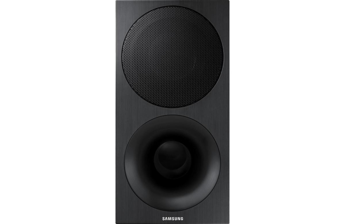 Samsung includes a wireless subwoofer with a tall, thin profile that makes it easy to place in your