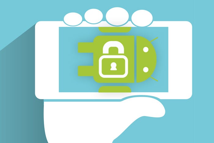 hand holding smartphone with Android logo and secure padlock