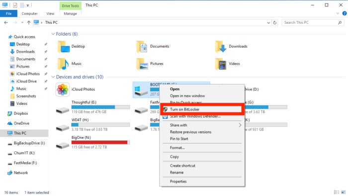 Encrypting a drive with BitLocker
