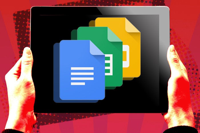 hand holding tablet with google docs icons