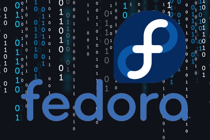 Fedora logo on binary background