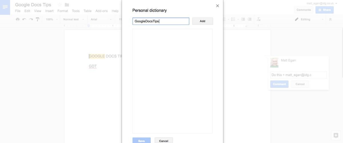 google docs tips personal dictionary