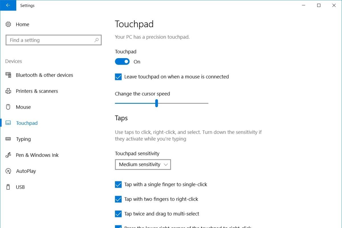 windows 10 touchpad controls