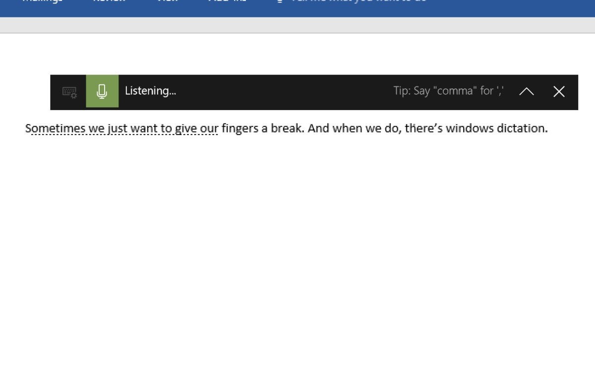 dictating in word capture Windows 10 Fall Creators Update dictation