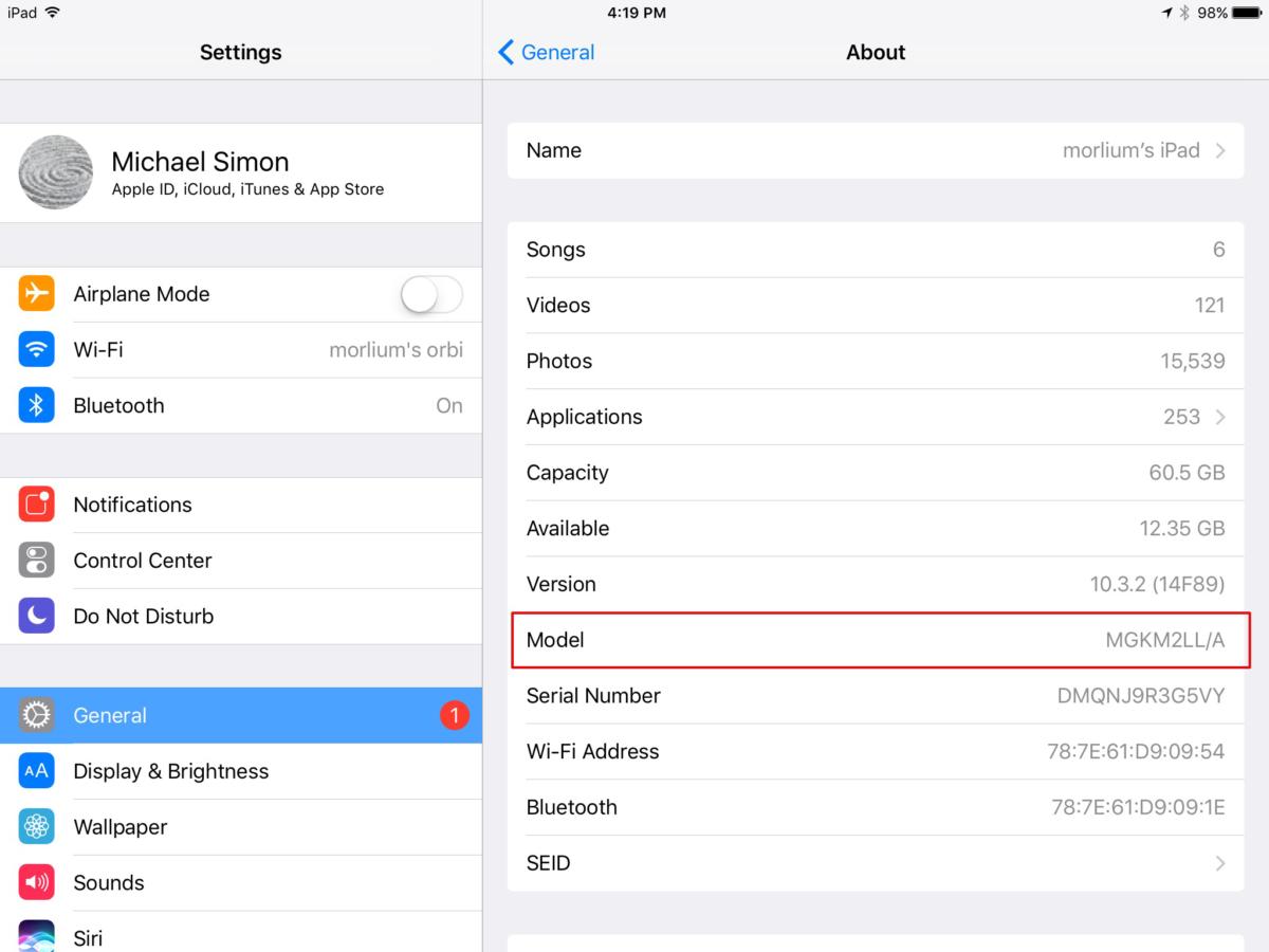 ipad model settings