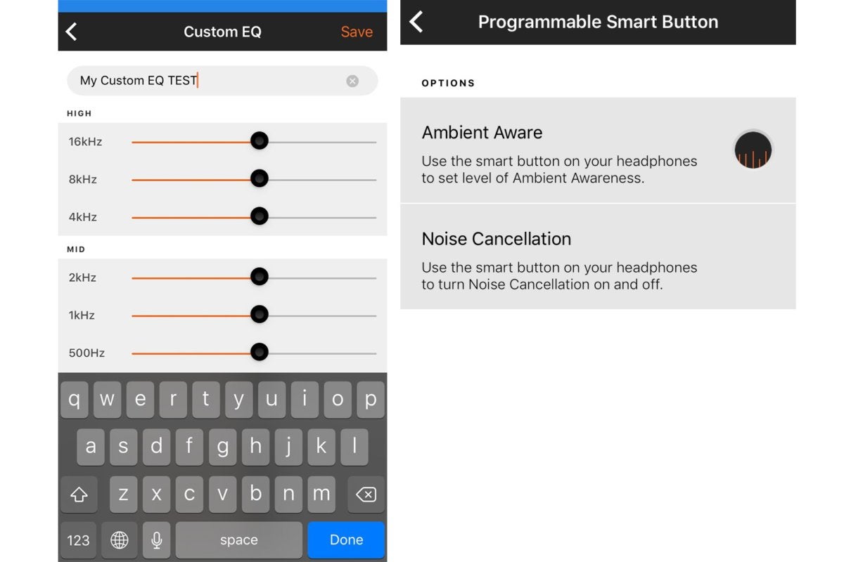 Through the JBL headphone app you can create custom EQ curves or program the headphone’s smart butto