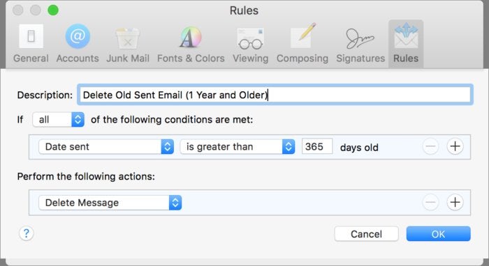 mac911 mail rule for sent mail delete