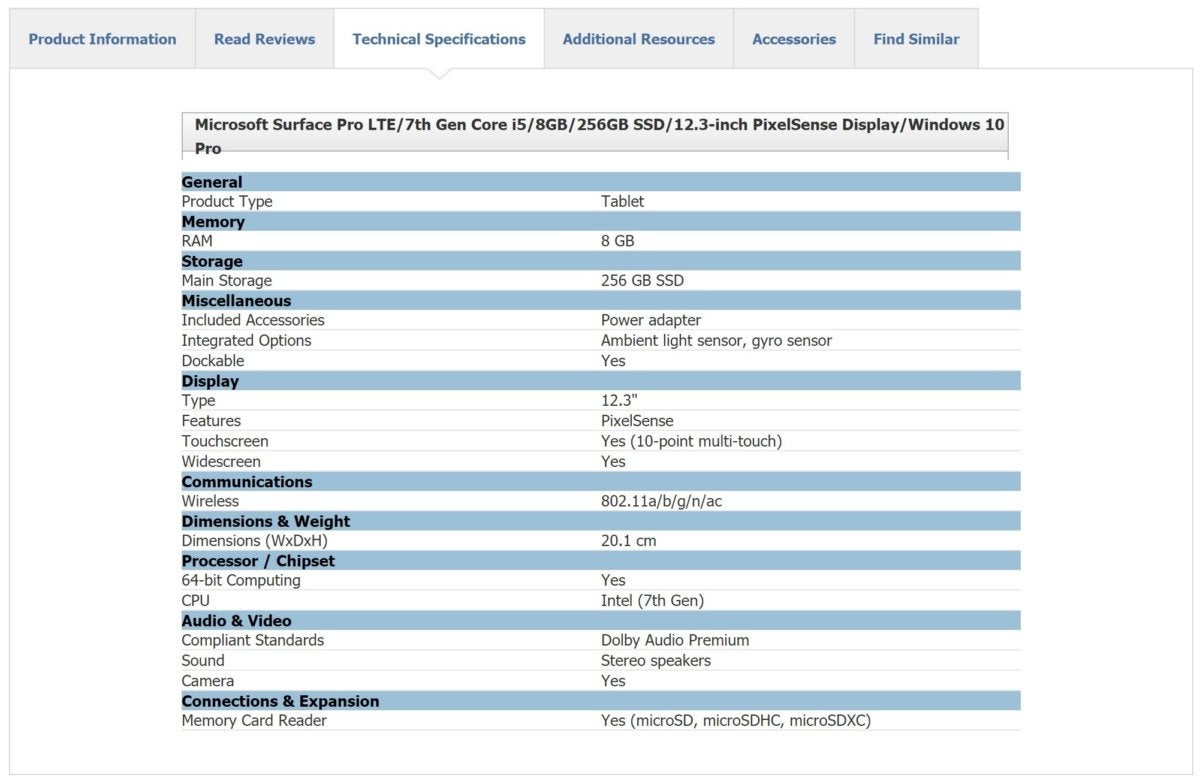 microsoft surface pro lte misco specs