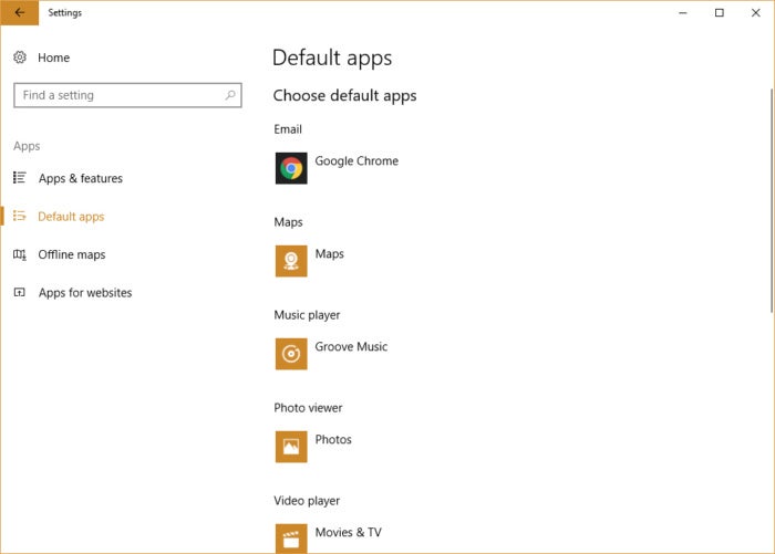 Windows 10 settings - default apps