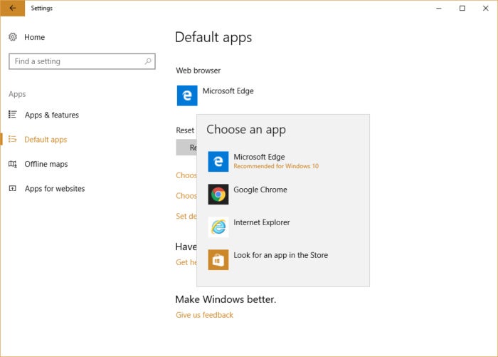 Windows 10 settings - selecting a new default browser