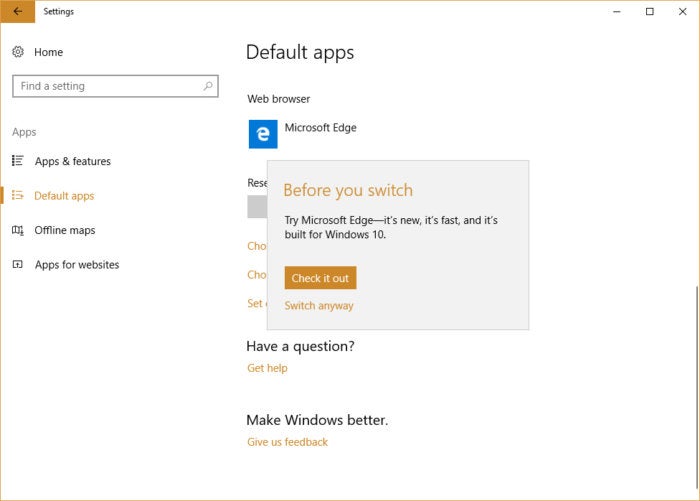 Windows 10 settings - before you switch browsers popup