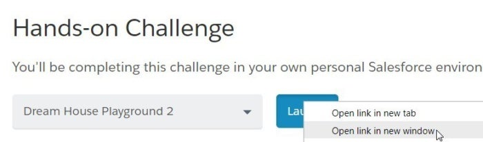 Right-click on the Hands On Challenge Launch button for the Open Link in New Window option