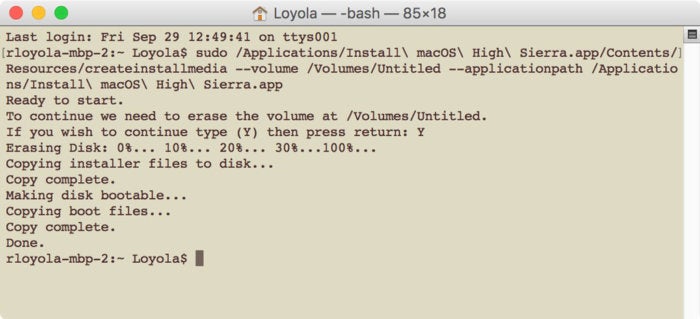 high sierra usb installer terminal