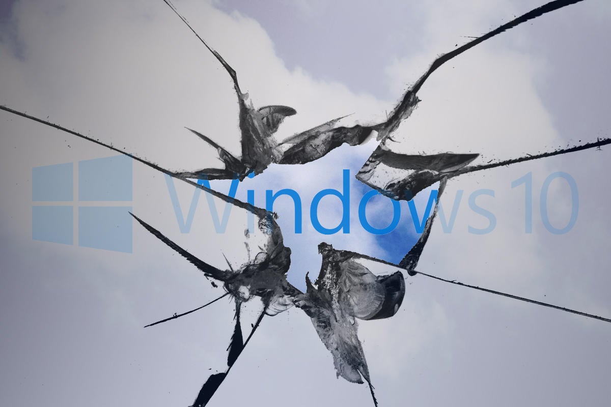 broken window with windows logo in clouds