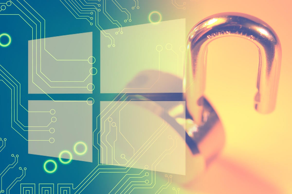 open insecure padlock with circuitry and windows logo