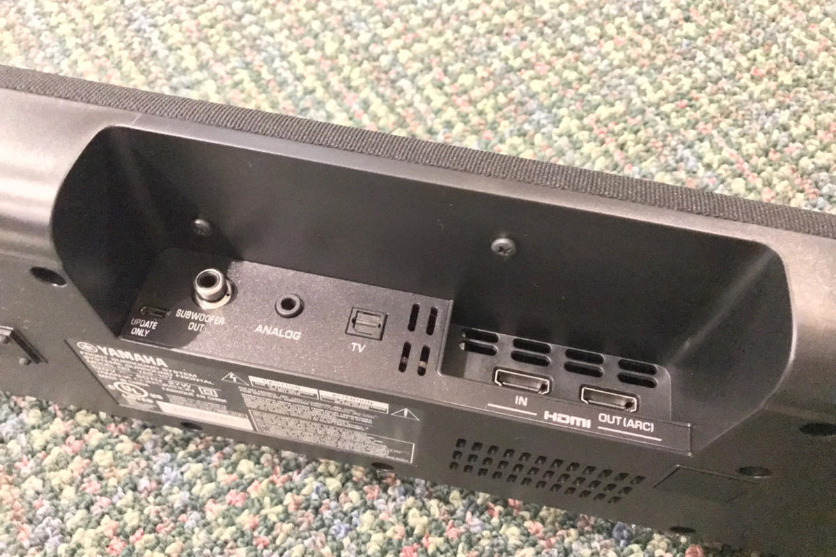 View of the Yamaha’s inputs, which sit in a recessed cavity on the back.