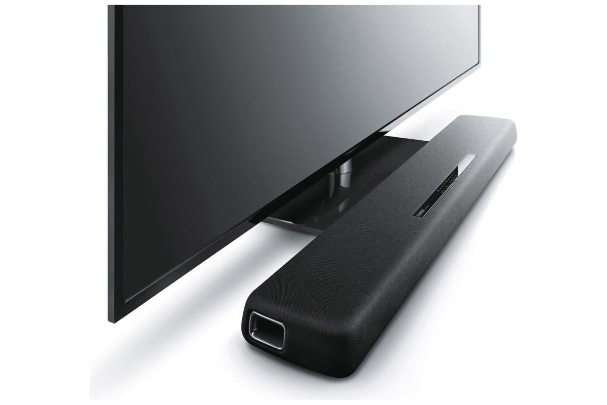 Yamaha’s YAS-107 sound bar can be wall mounted or sit on a table as shown above.