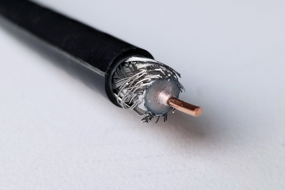 A stripped coaxial cable showing its construction.