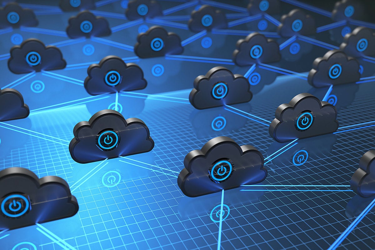  A graphic representing a cloud service provider with many dark clouds with power symbols connected by a glowing blue grid.