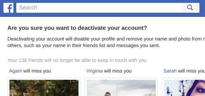 desactivar la cuenta de Facebook ¿está seguro