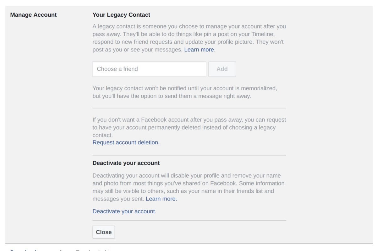 deactivate facebook account manage account