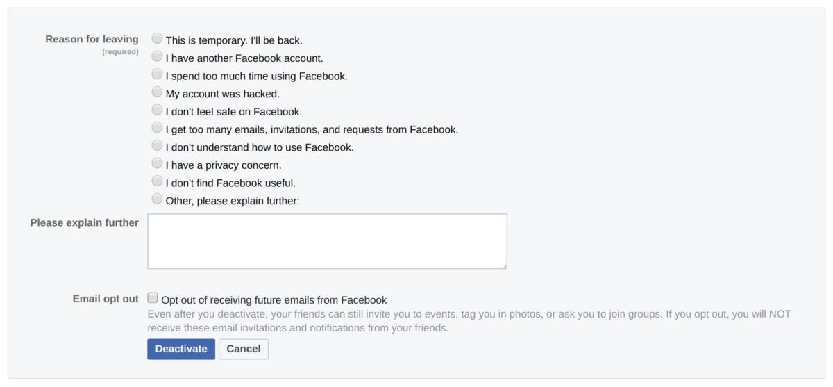 deactivate facebook account reason for leaving