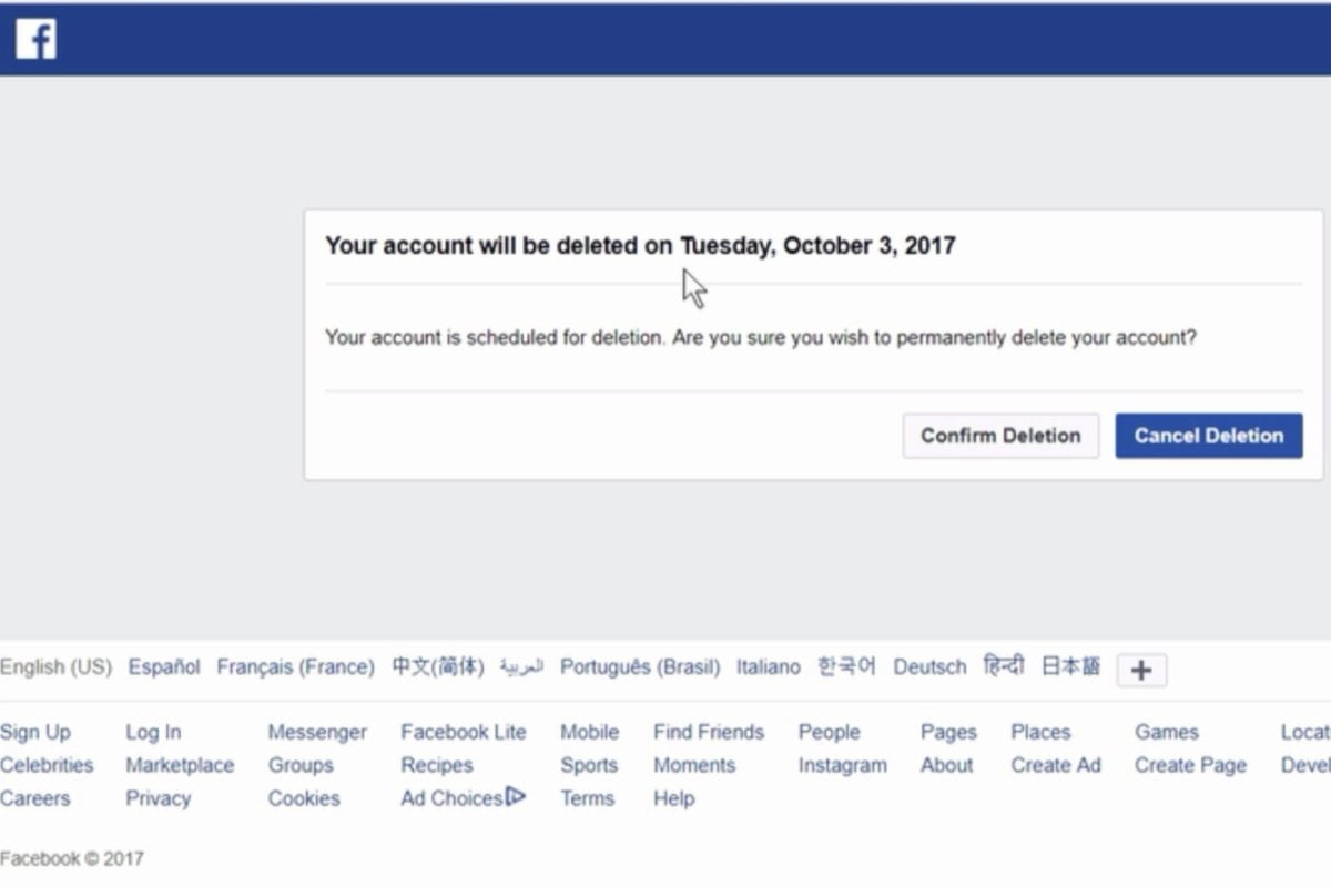 eliminar la cancelación de cuenta de Facebook