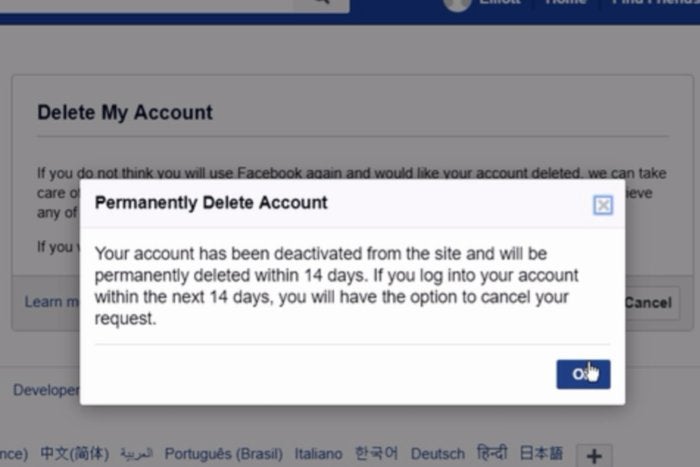 delete facebook account deactivation message