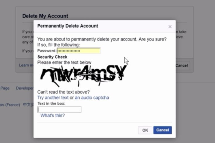 delete facebook account security check