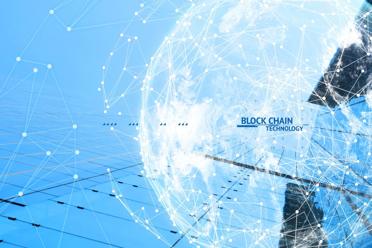 FinTech - financial technology - blockchain network - distributed ledger wireframe