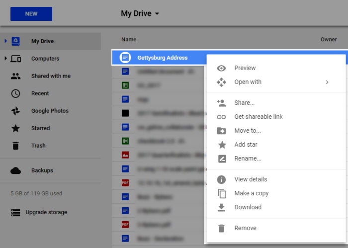 Google Drive collaboration - right-click menu