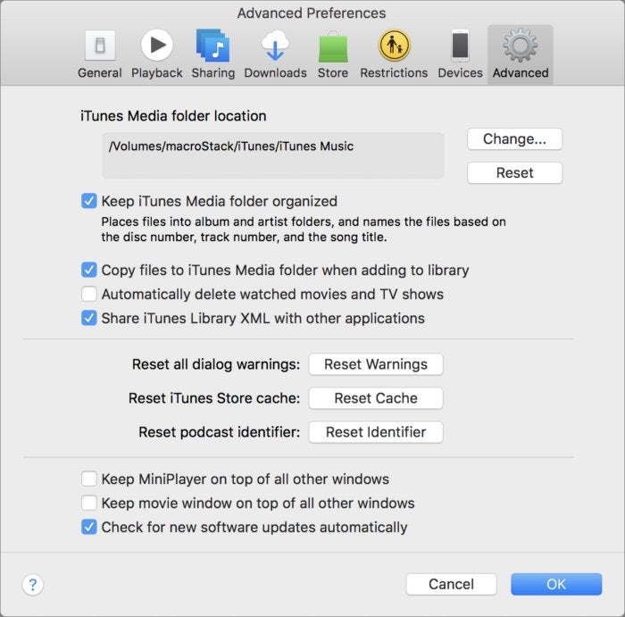 mac911 itunes preferences advanced