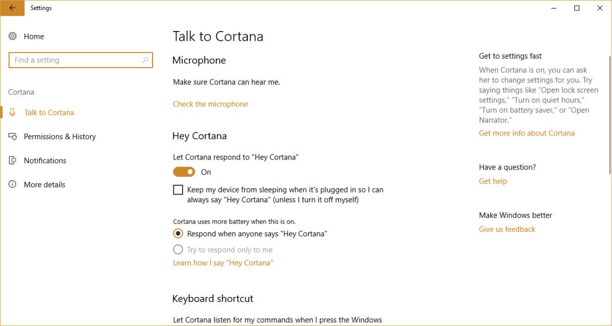 Windows 10 Fall Creators Update - Cortana settings