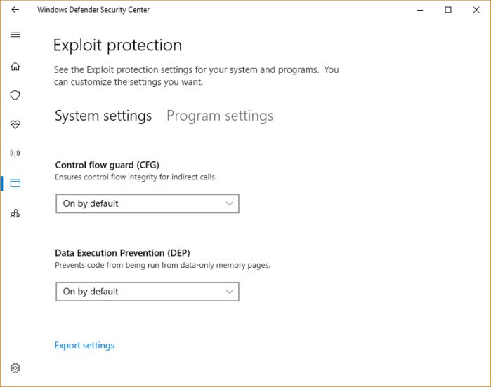 Windows 10 Fall Creators Update - exploit protection settings