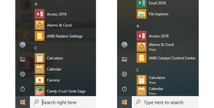 Windows 10 Fall Creators Update - Fluent Design Start Menu comparison