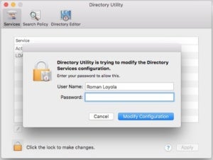 directory utility make changes