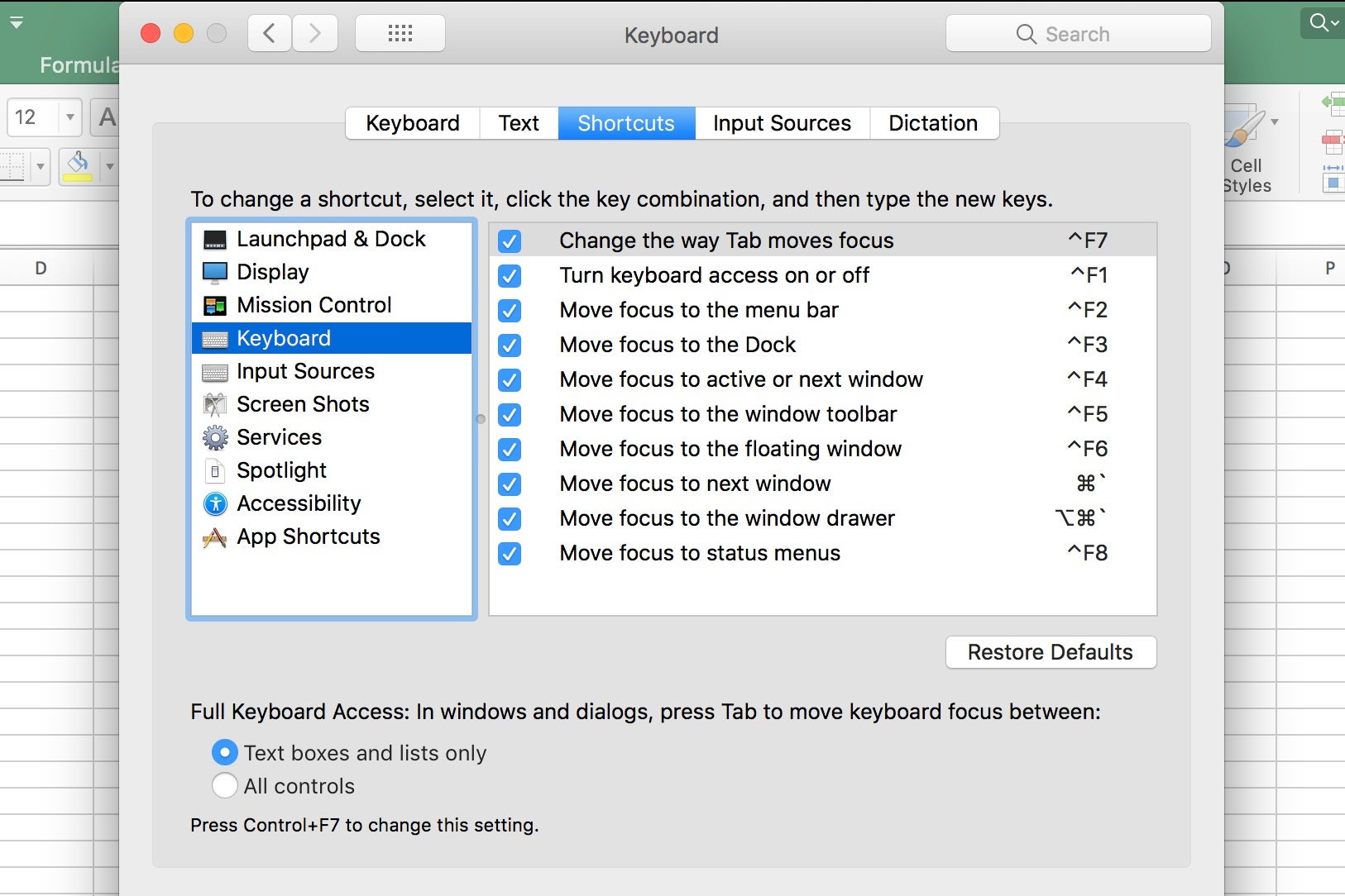 number format quick key on excel for mac