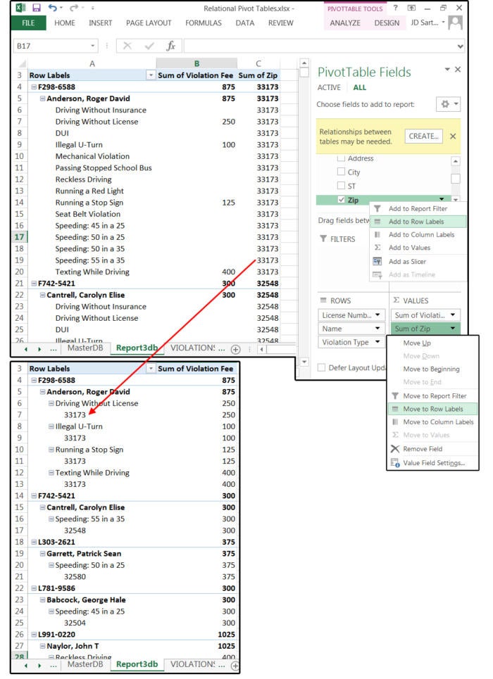 07 close the yellow box then change zip code to row labels