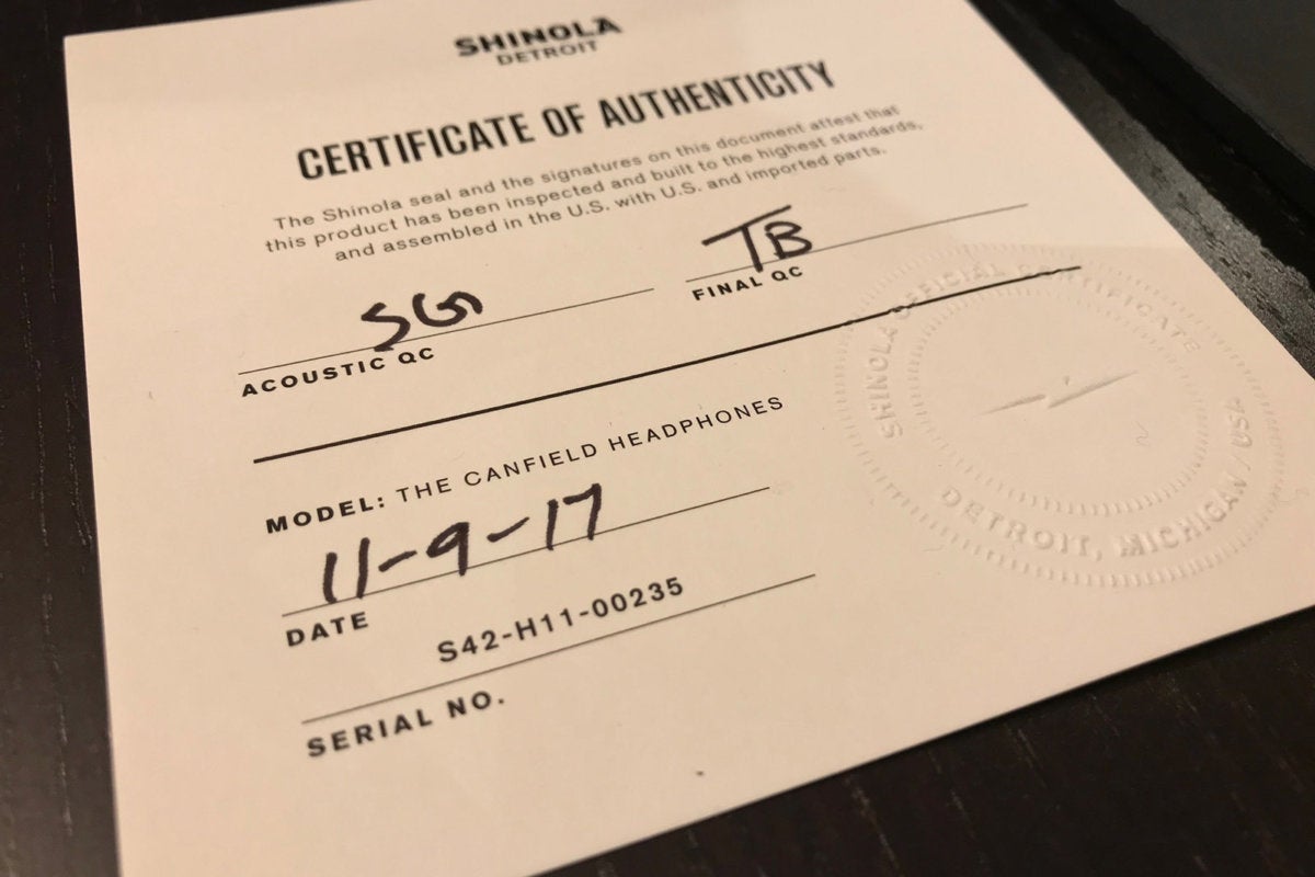 Each pair of Shinola Canfield heapdhones comes with a certificate of authenticity.