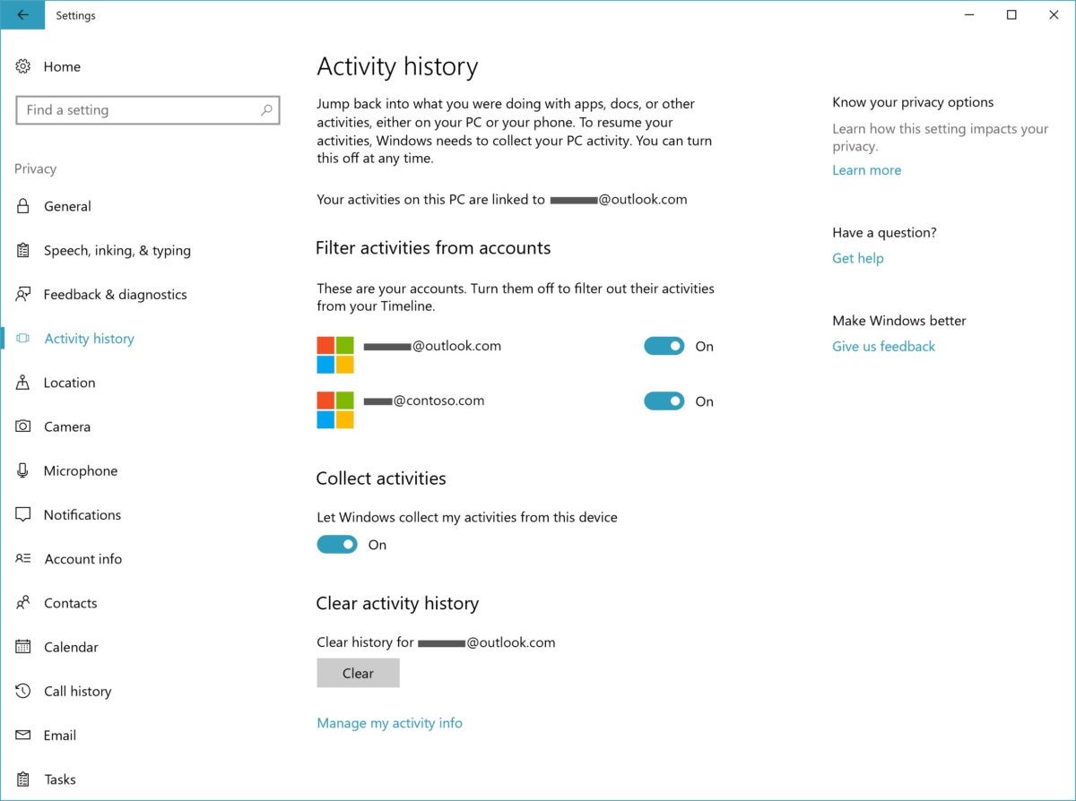 Windows 10 17063 timeline settings