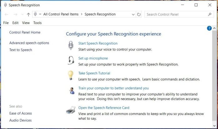 Windows Speech Recognition - configure pane
