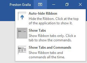 microsoft word ribbon display options