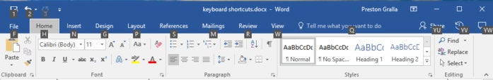 Microsoft Word 2016 - Ribbon shortcuts