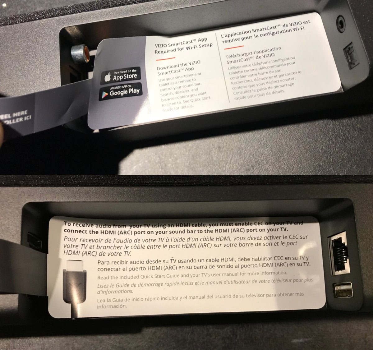 The sound bar's back has perfectly placed stickers giving users clear instructions.